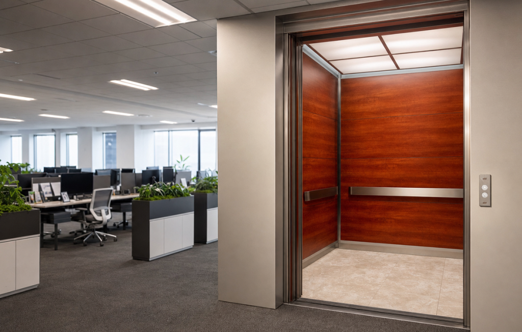 Finished elevator remodel interior with rich wood wall panels opening into a modern office