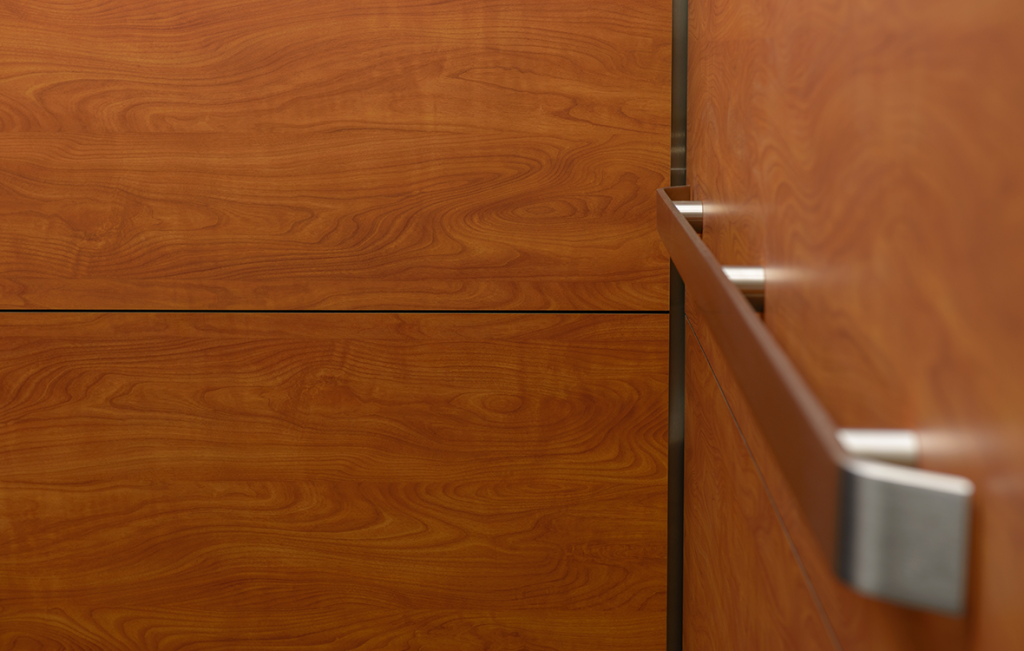 Close-up view of a wood-paneled elevator wall with rich brown grain patterns, a horizontal seam across the panels, and a brushed metal handrail extending along the right side