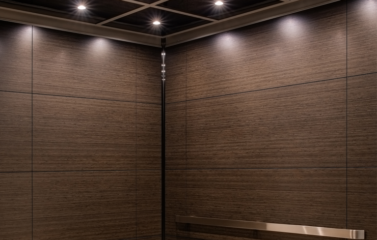 Modern elevator interior upgrade showcasing Contemporary II wood wall panels and integrated LED ceiling lighting.