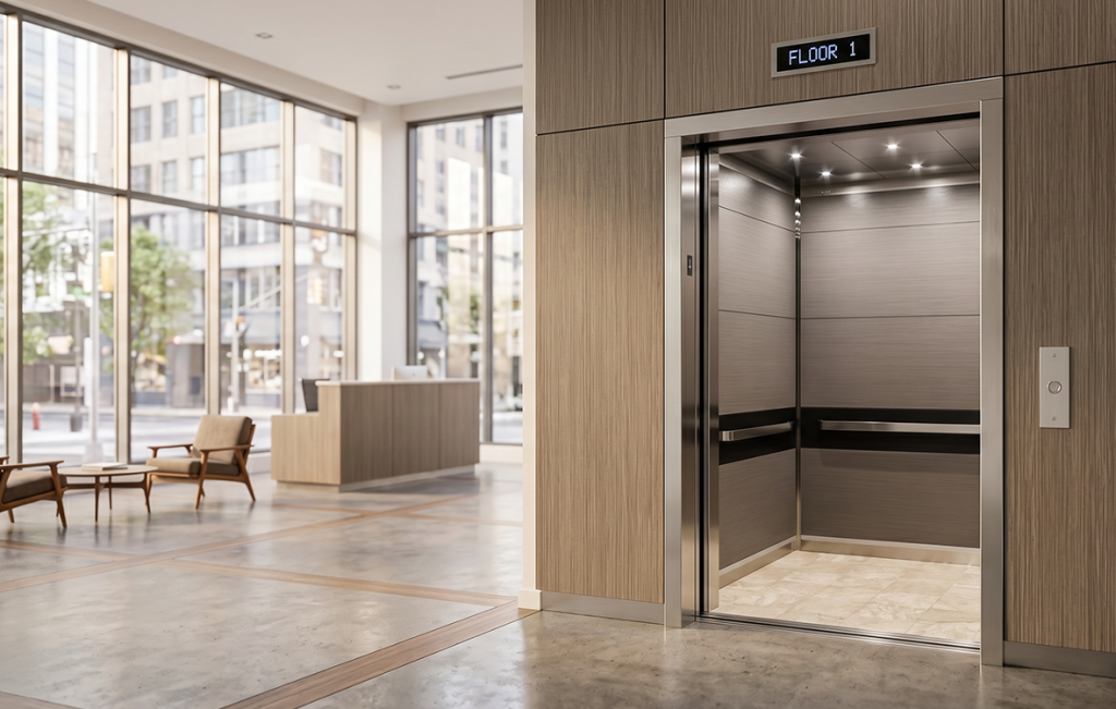 An open modern elevator with stainless steel trim and grey wood paneling in a bright, spacious hotel or corporate office lobby