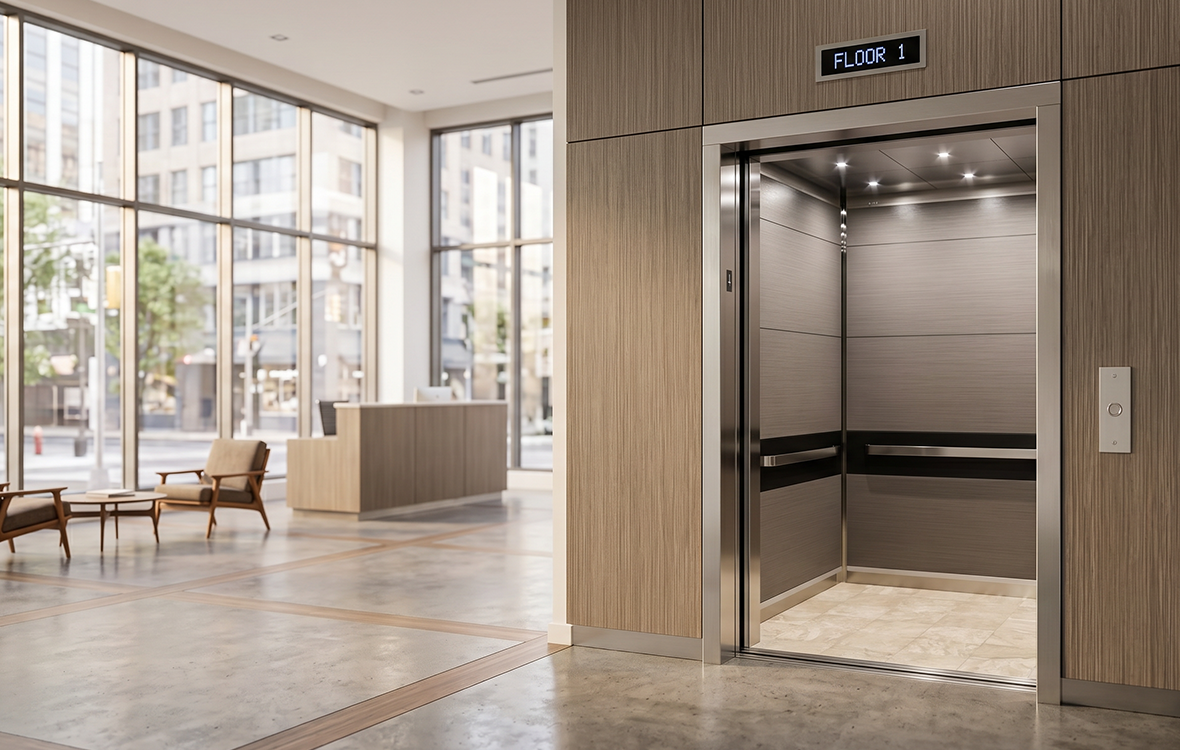 An open modern elevator with stainless steel trim and grey wood paneling in a bright, spacious hotel or corporate office lobby