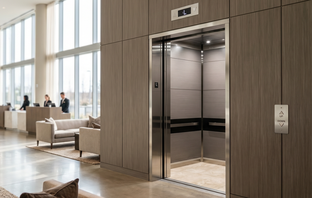 An open modern elevator with stainless steel trim and grey wood paneling in a bright, spacious hotel or corporate office lobby.
